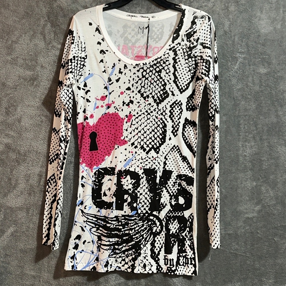 Christian Audigier Crystal Rock Snake Locket Tunic Shirt Women's Medium Y2K NWT